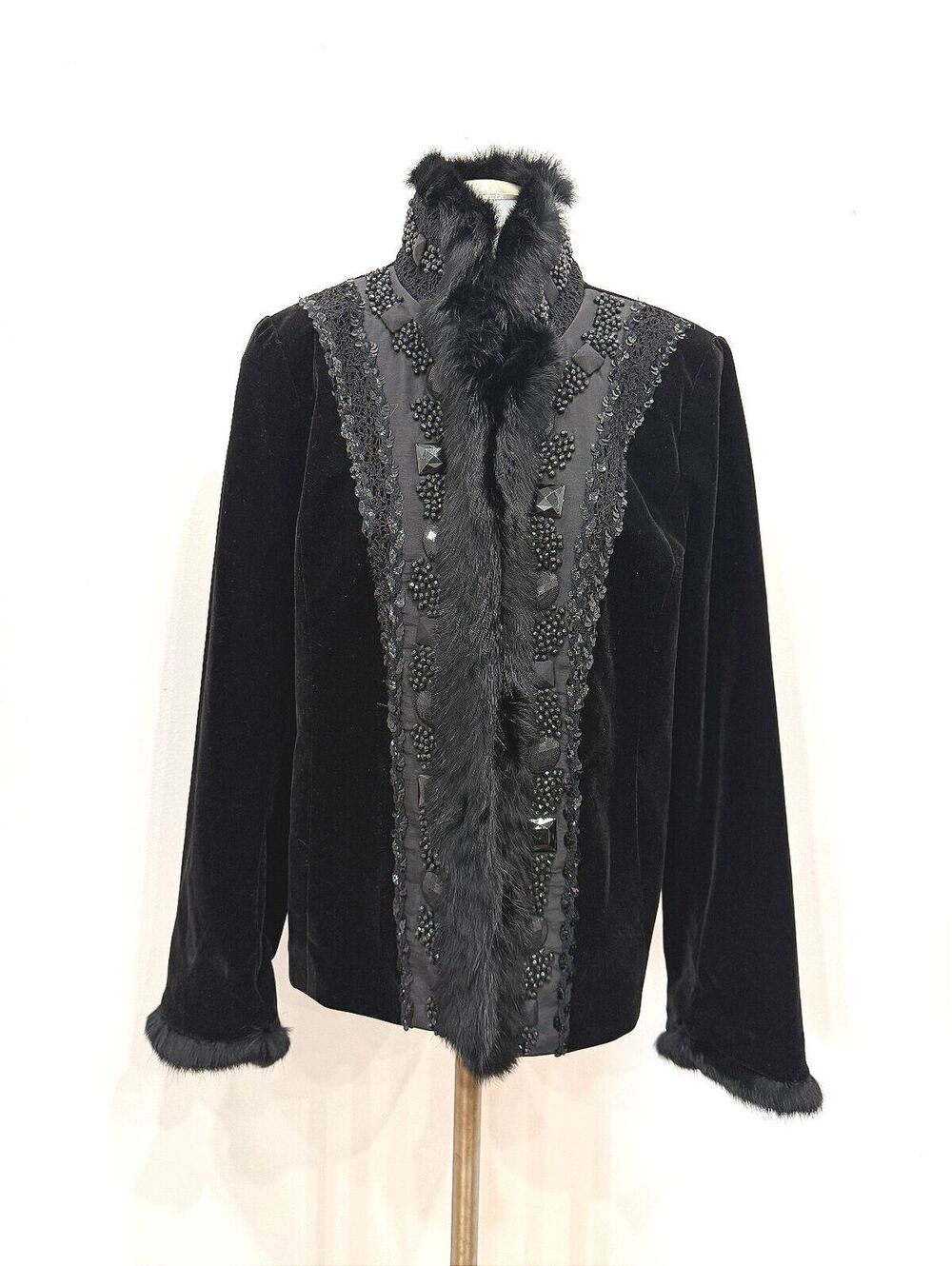 Spanner Holiday '09 Night Moves Black Velvet Beaded Jacket with Faux Fur Trim